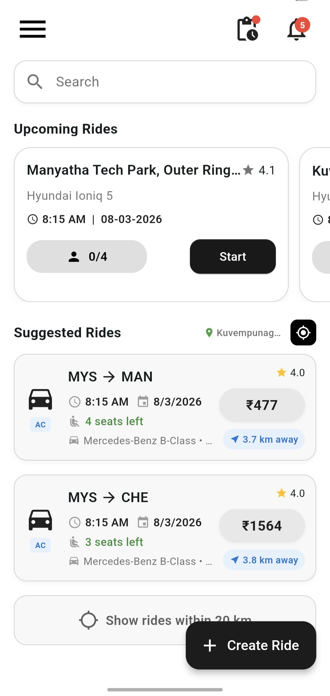CAARVN App — Upcoming and Suggested Rides